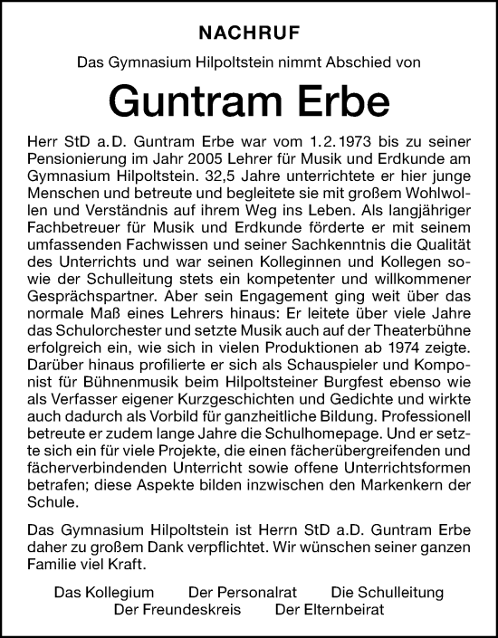 Traueranzeige von Guntram Erbe von Roth-Hilpoltsteiner Volkszeitung Lokal