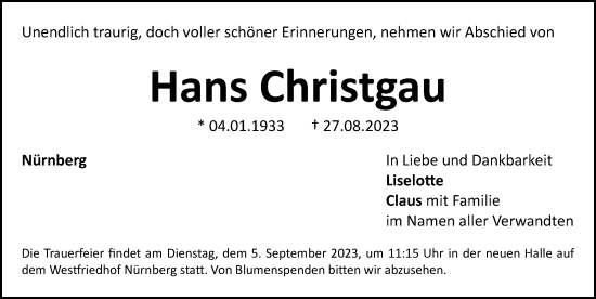 Traueranzeige von Hans Christgau von Gesamtausgabe Nürnberger Nachrichten/ Nürnberger Ztg.