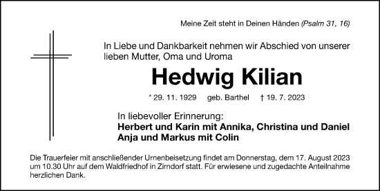Traueranzeige von Hedwig Kilian von Fürther Nachrichten Lokal