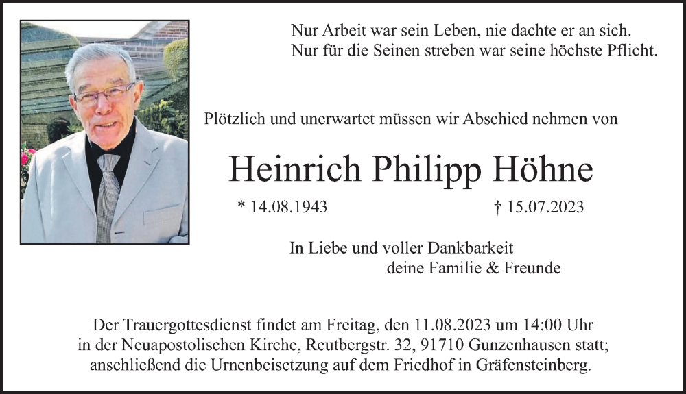  Traueranzeige für Heinrich  Höhne vom 09.08.2023 aus Altmühl-Bote Lokal