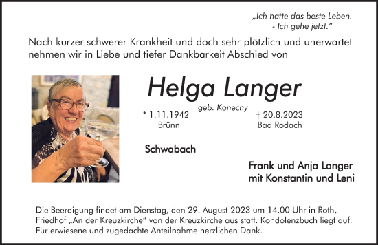 Traueranzeige von Helga Langer von Roth-Hilpoltsteiner Volkszeitung/ Schwabach