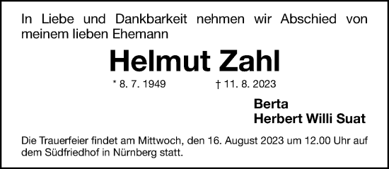 Traueranzeige von Helmut Zahl von Gesamtausgabe Nürnberger Nachrichten/ Nürnberger Ztg.