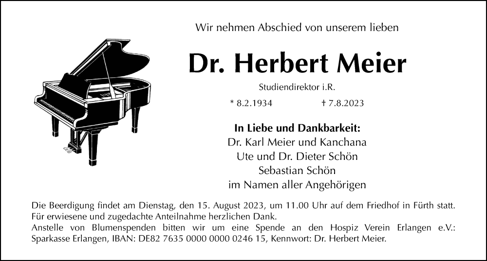  Traueranzeige für Herbert Meier vom 12.08.2023 aus Fürther Nachrichten Lokal