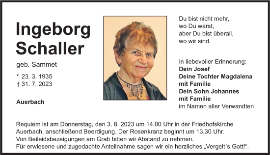 Traueranzeige von Ingeborg Schaller von Nordbayerische Nachrichten Pegnitz Lokal