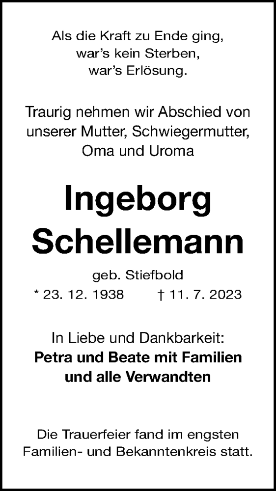  Traueranzeige für Ingeborg Schellemann vom 12.08.2023 aus Gesamtausgabe Nürnberger Nachrichten/ Nürnberger Ztg.