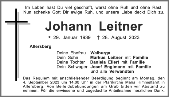 Traueranzeige von Johann Leitner von Roth-Hilpoltsteiner Volkszeitung Lokal