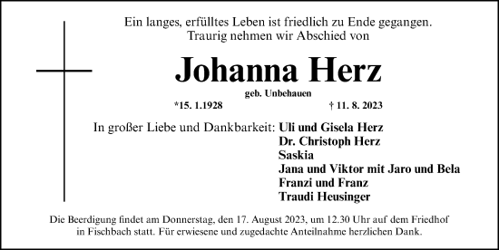 Traueranzeige von Johanna Herz von Gesamtausgabe Nürnberger Nachrichten/ Nürnberger Ztg.