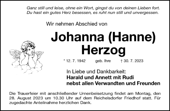 Traueranzeige von Johanna Herzog von Gesamtausgabe Nürnberger Nachrichten/ Nürnberger Ztg.
