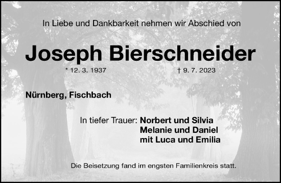 Traueranzeige von Joseph Bierschneider von Gesamtausgabe Nürnberger Nachrichten/ Nürnberger Ztg.