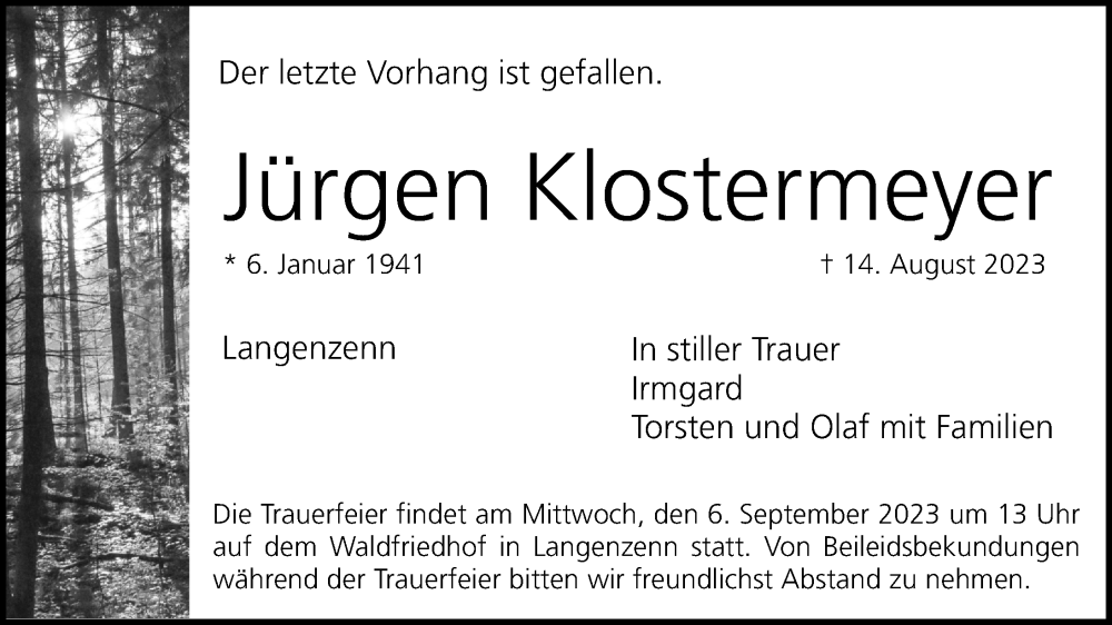  Traueranzeige für Jürgen Klostermeyer vom 26.08.2023 aus Fürther Nachrichten Lokal