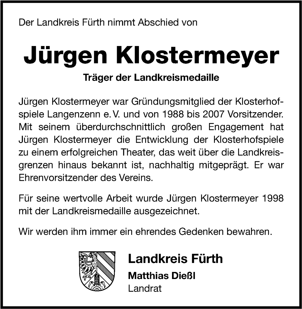  Traueranzeige für Jürgen Klostermeyer vom 26.08.2023 aus Fürther Nachrichten Lokal