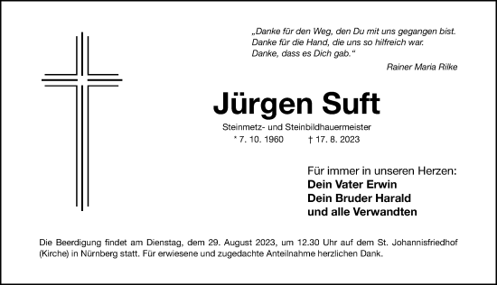 Traueranzeige von Jürgen Suft von Gesamtausgabe Nürnberger Nachrichten/ Nürnberger Ztg.