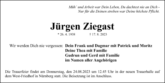 Traueranzeige von Jürgen Ziegast von Gesamtausgabe Nürnberger Nachrichten/ Nürnberger Ztg.