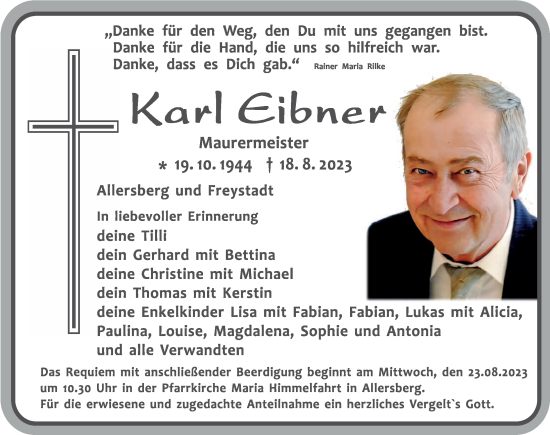Traueranzeige von Karl Eibner von Roth-Hilpoltsteiner Volkszeitung Lokal
