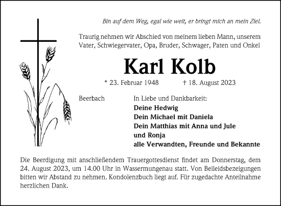 Traueranzeige von Karl Kolb von Schwabacher Tagblatt Lokal