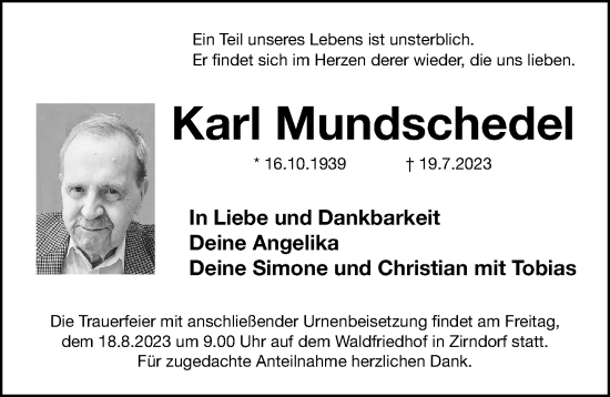 Traueranzeige von Karl Mundschedel von Fürther Nachrichten Lokal