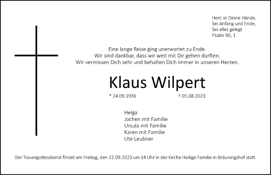 Traueranzeige von Klaus Wilpert von Erlanger Nachrichten Lokal