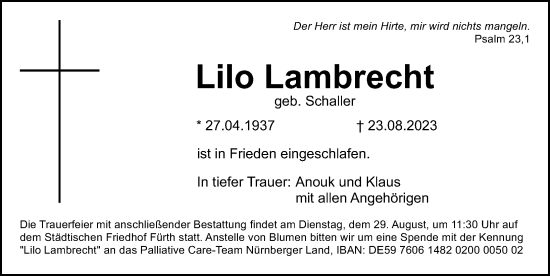 Traueranzeige von Lilo Lambrecht von Gesamtausgabe Nürnberger Nachrichten/ Nürnberger Ztg.