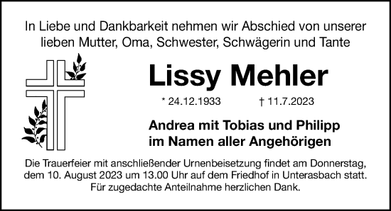 Traueranzeige von Lissy Mehler von Fürther Nachrichten Lokal