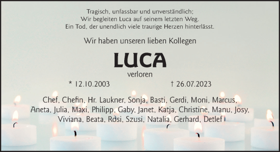 Traueranzeige von Luca Kühbeck von Gesamtausgabe Nürnberger Nachrichten/ Nürnberger Ztg.