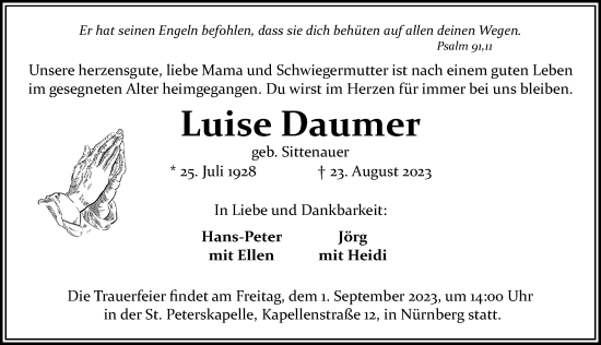 Traueranzeige von Luise Daumer von Gesamtausgabe Nürnberger Nachrichten/ Nürnberger Ztg.
