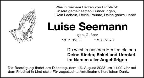 Traueranzeige von Luise Seemann von Fürther Nachrichten Lokal
