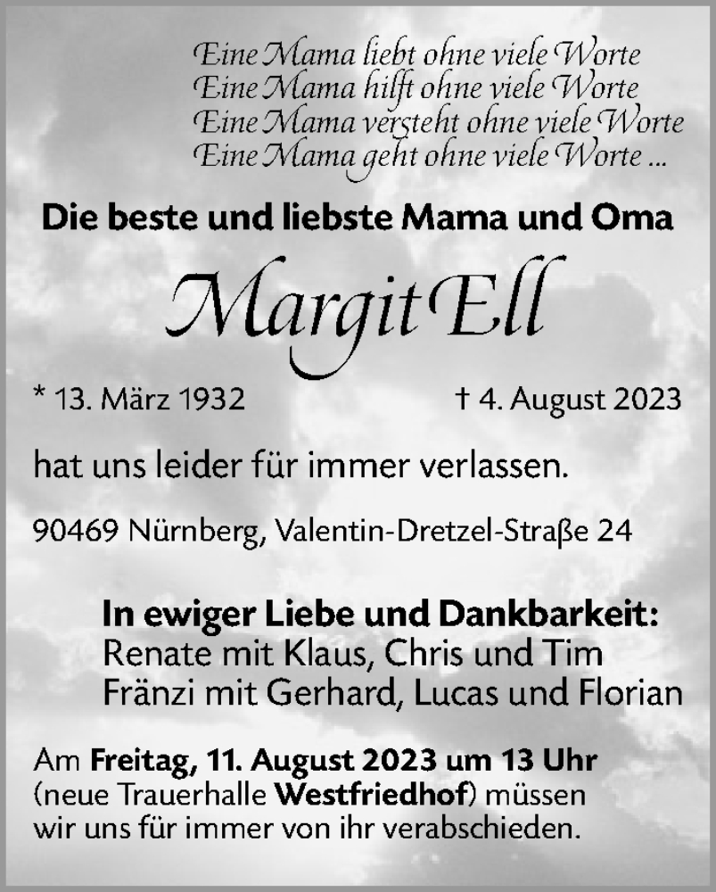  Traueranzeige für Margit Ell vom 09.08.2023 aus Gesamtausgabe Nürnberger Nachrichten/ Nürnberger Ztg.