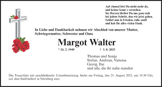 Traueranzeige von Margot Walter von Gesamtausgabe Nürnberger Nachrichten/ Nürnberger Ztg.