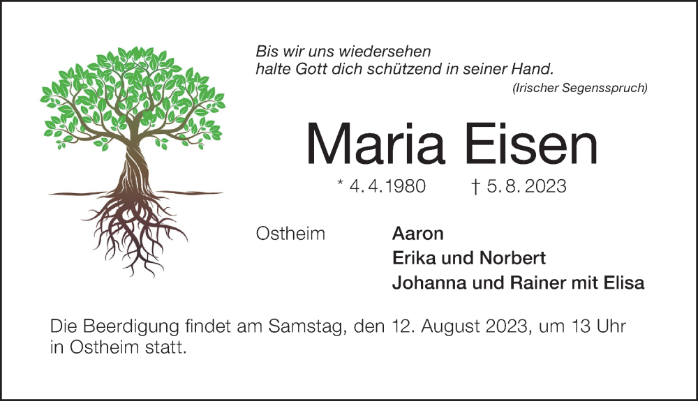  Traueranzeige für Maria Eisen vom 11.08.2023 aus Altmühl-Bote Lokal