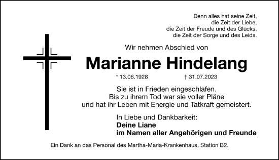 Traueranzeige von Marianne Hindelang von Gesamtausgabe Nürnberger Nachrichten/ Nürnberger Ztg.