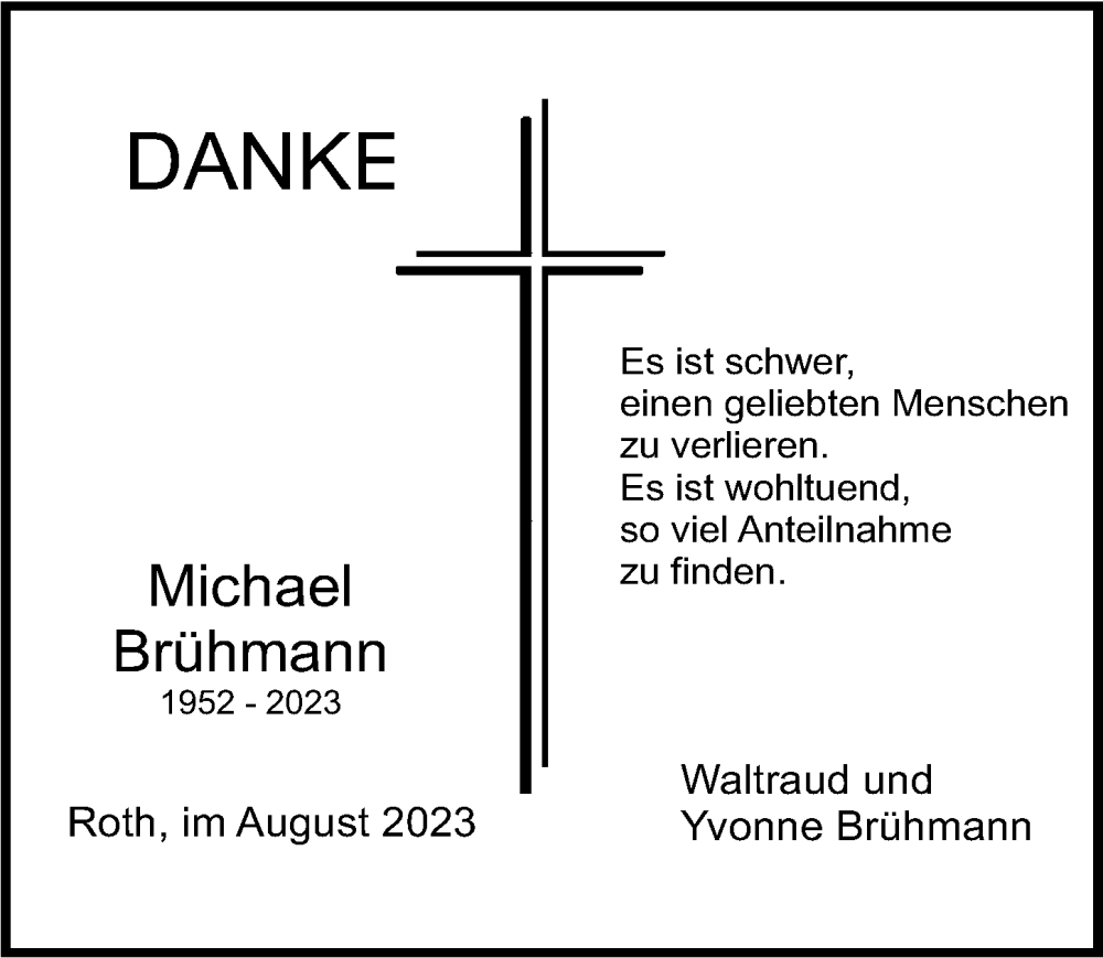  Traueranzeige für Michael Brühmann vom 26.08.2023 aus Roth-Hilpoltsteiner Volkszeitung Lokal