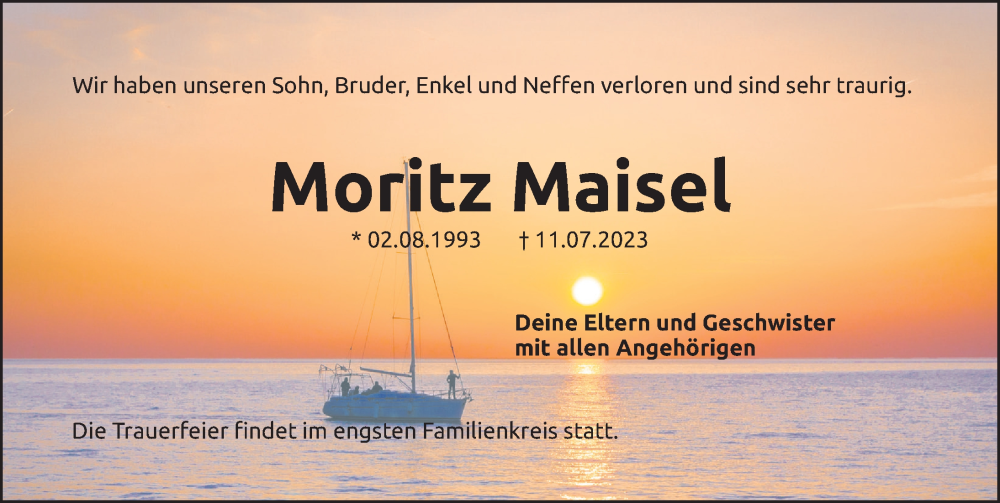  Traueranzeige für Moritz Maisel vom 05.08.2023 aus Gesamtausgabe Nürnberger Nachrichten/ Nürnberger Ztg.