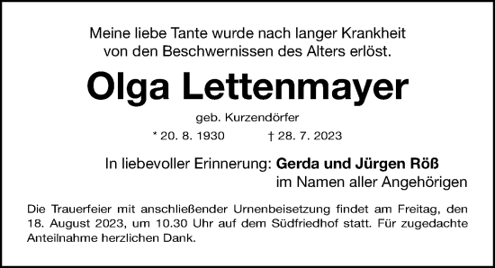 Traueranzeige von Olga Lettenmayer von Gesamtausgabe Nürnberger Nachrichten/ Nürnberger Ztg.