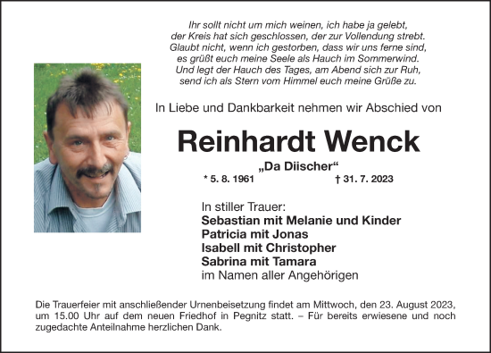 Traueranzeige von Reinhardt Wenck von Nordbayerische Nachrichten Pegnitz Lokal