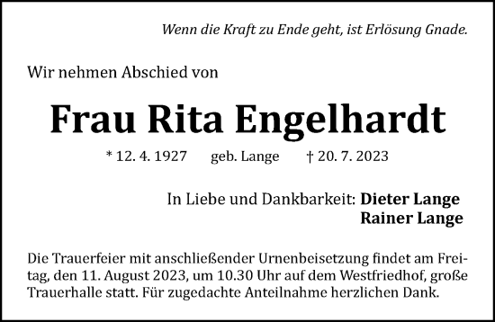 Traueranzeige von Rita Engelhardt von Gesamtausgabe Nürnberger Nachrichten/ Nürnberger Ztg.