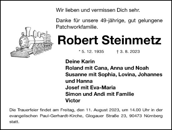 Traueranzeige von Robert Steinmetz von Gesamtausgabe Nürnberger Nachrichten/ Nürnberger Ztg.