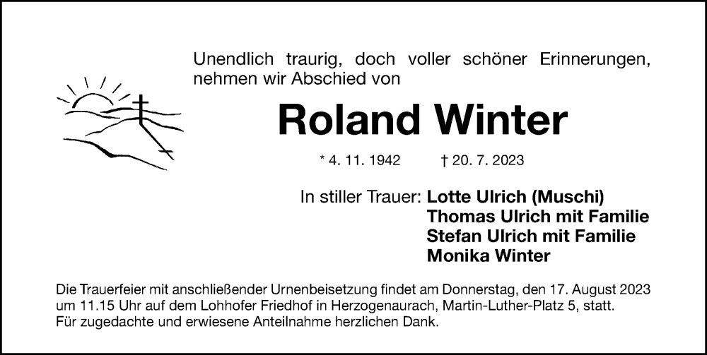  Traueranzeige für Roland Winter vom 12.08.2023 aus Gesamtausgabe Nürnberger Nachrichten/ Nürnberger Ztg.