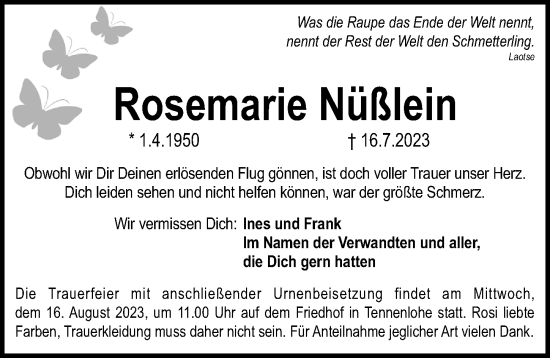 Traueranzeige von Rosemarie Nüßlein von Erlanger Nachrichten Lokal