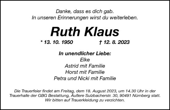 Traueranzeige von Ruth Klaus von Gesamtausgabe Nürnberger Nachrichten/ Nürnberger Ztg.
