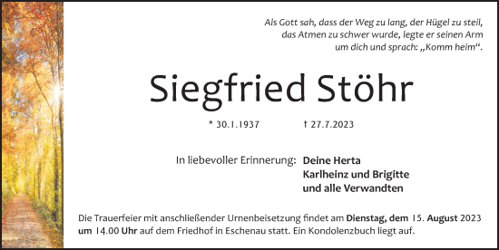 Traueranzeigen von Siegfried Stöhr trauer.nn.de