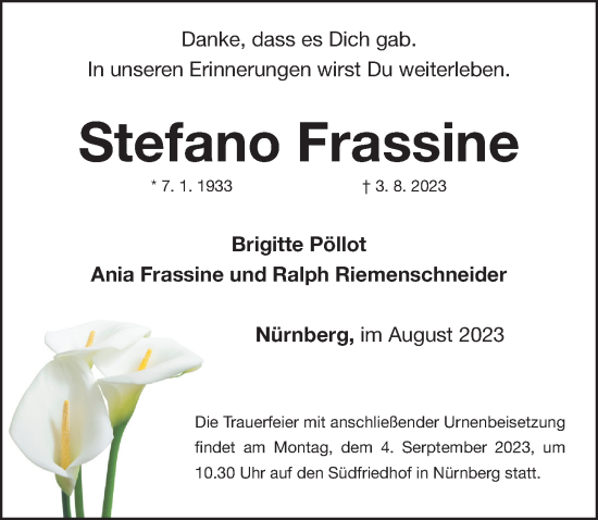 Traueranzeige von Stefano Frassine von Gesamtausgabe Nürnberger Nachrichten/ Nürnberger Ztg.