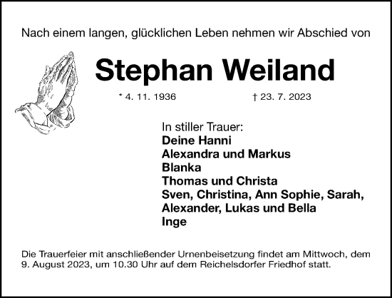 Traueranzeige von Stephan Weiland von Gesamtausgabe Nürnberger Nachrichten/ Nürnberger Ztg.