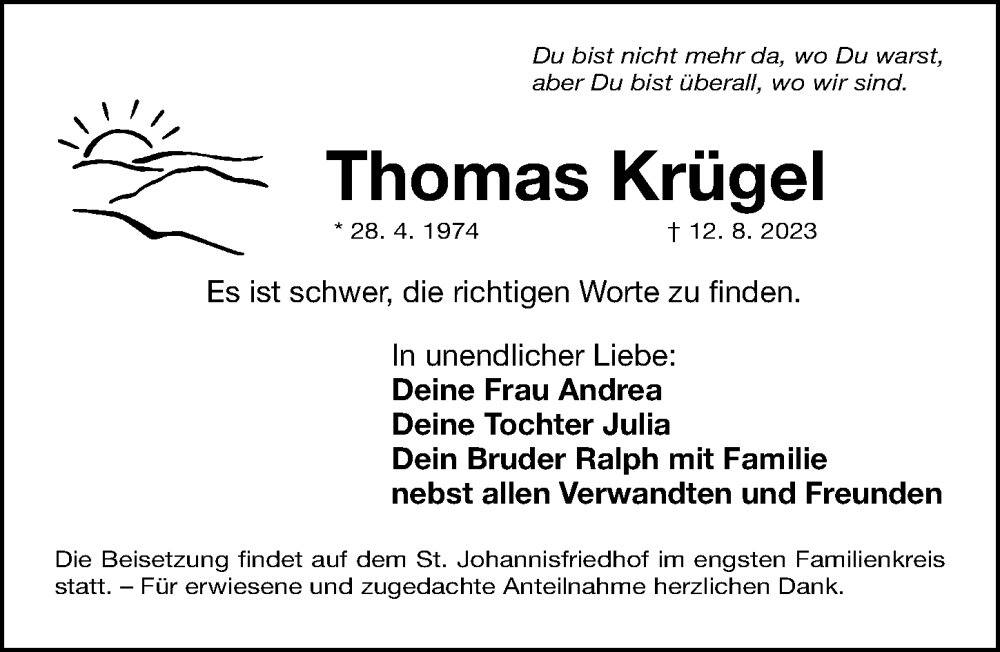  Traueranzeige für Thomas Krügel vom 26.08.2023 aus Gesamtausgabe Nürnberger Nachrichten/ Nürnberger Ztg.