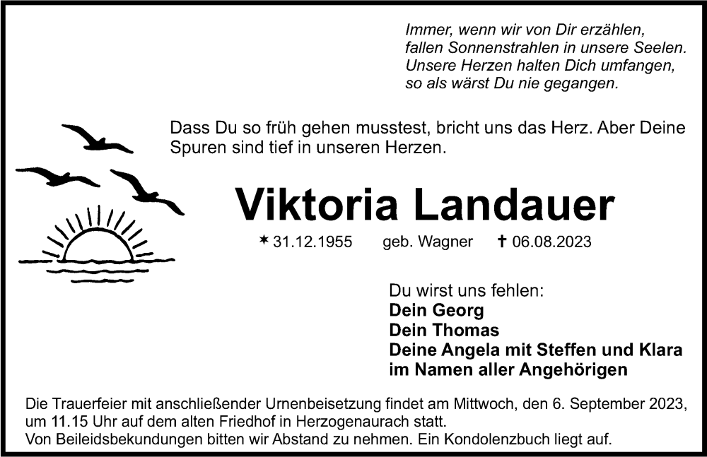  Traueranzeige für Viktoria Landauer vom 26.08.2023 aus Nordbayerische Nachrichten Herzogenaurach Lokal