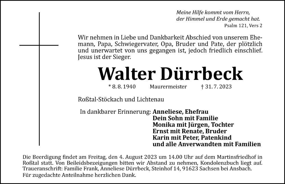  Traueranzeige für Walter Dürrbeck vom 02.08.2023 aus Gesamtausgabe Nürnberger Nachrichten/ Nürnberger Ztg.