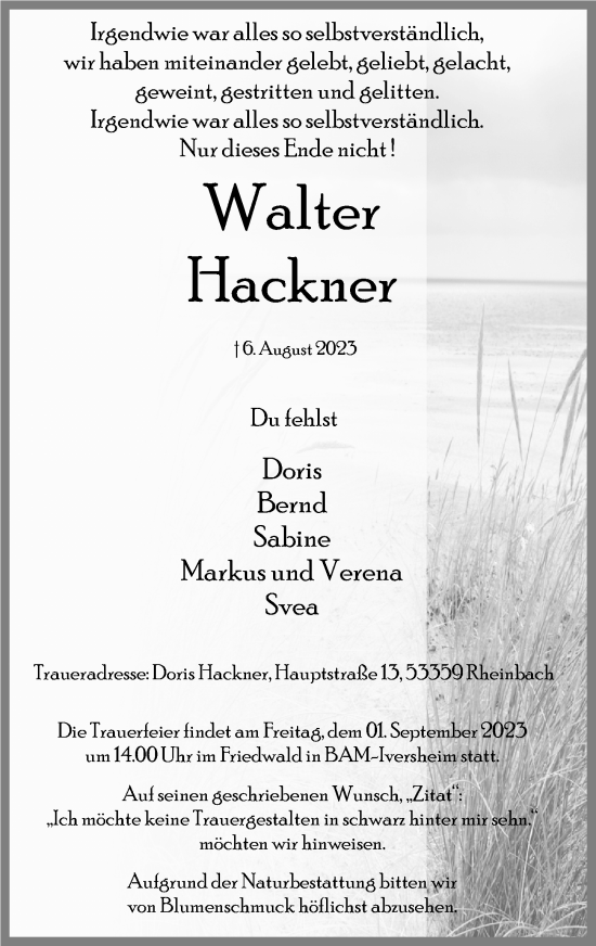 Traueranzeige von Walter Hackner von Gesamtausgabe Nürnberger Nachrichten/ Nürnberger Ztg.