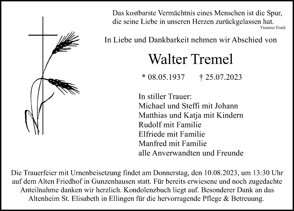  Traueranzeige für Walter Tremel vom 05.08.2023 aus Altmühl-Bote Lokal