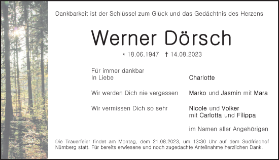 Traueranzeige von Werner Dörsch von Gesamtausgabe Nürnberger Nachrichten/ Nürnberger Ztg.