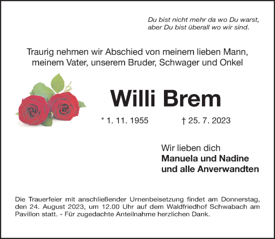 Traueranzeige von Willi Brem von Gesamtausgabe Nürnberger Nachrichten/ Nürnberger Ztg.