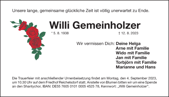 Traueranzeige von Willi Gemeinholzer von Gesamtausgabe Nürnberger Nachrichten/ Nürnberger Ztg.